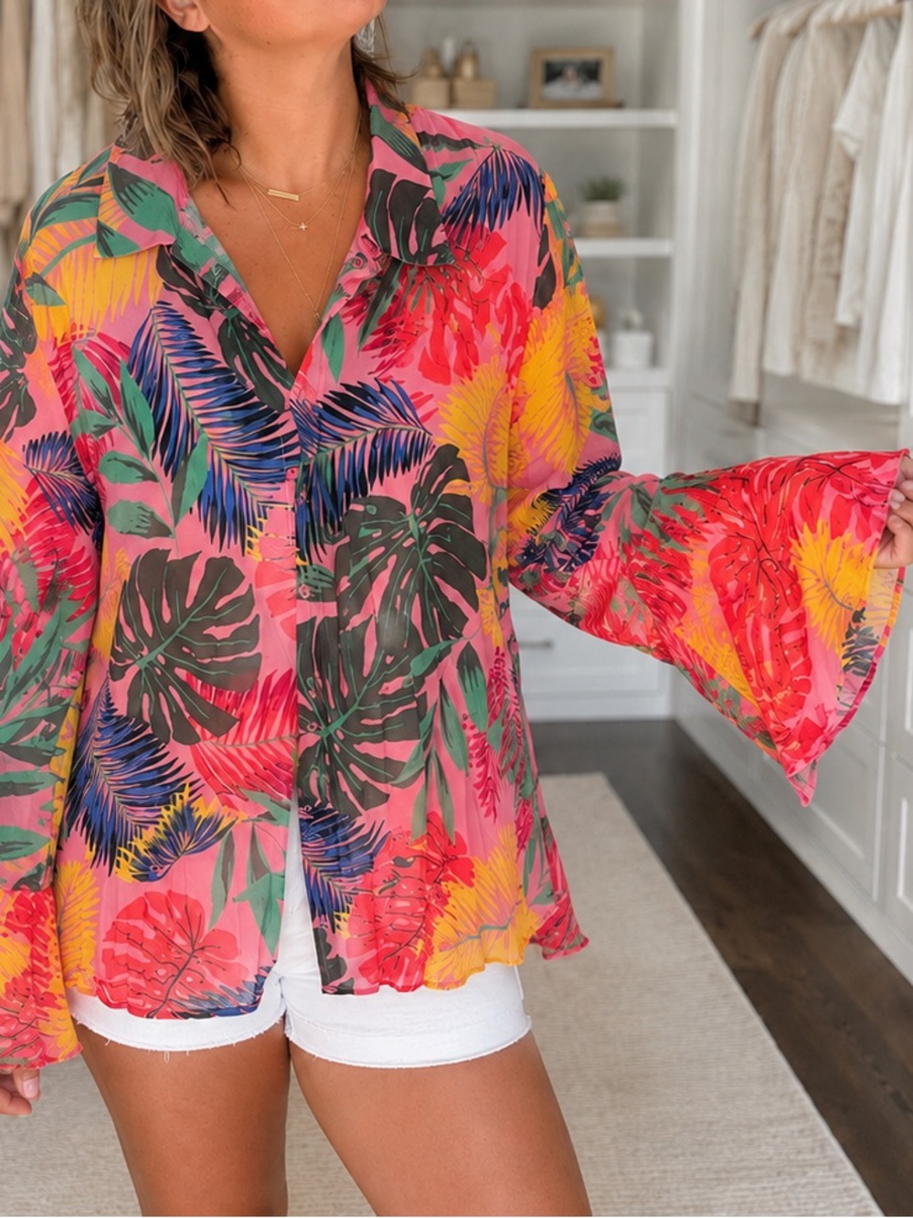 Vici Tropical Floral Bell-Sleeve Button Down Shirt - Pink, Yellow, Green